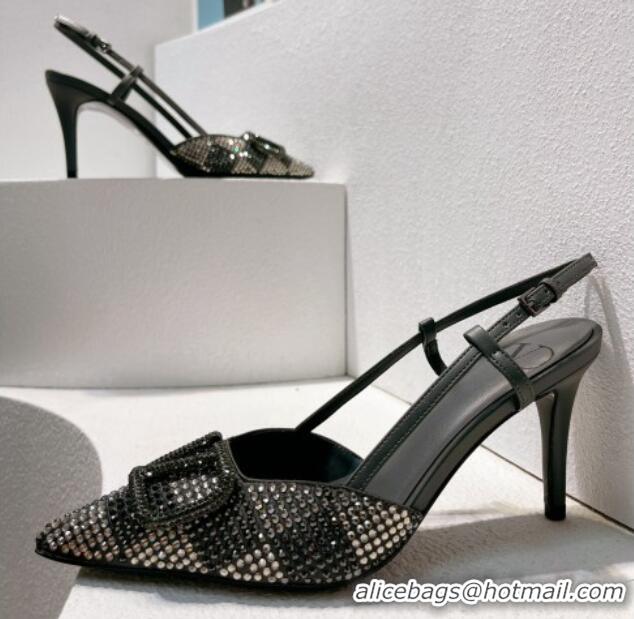 Best Product Valentino VLogo Slingback Pumps 7.5cm in Damier Crystals Dark Grey 1121147