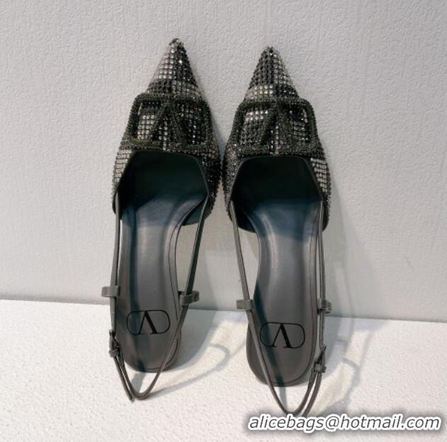 Best Product Valentino VLogo Slingback Pumps 7.5cm in Damier Crystals Dark Grey 1121147