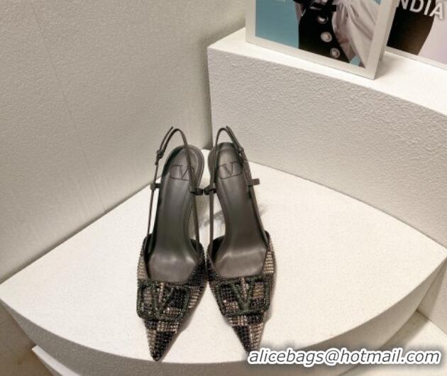 Best Product Valentino VLogo Slingback Pumps 7.5cm in Damier Crystals Dark Grey 1121147