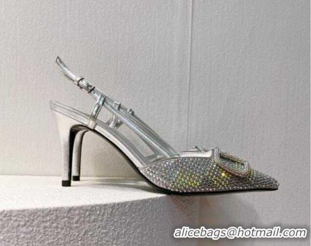 Grade Quality Valentino VLogo Slingback Pumps 7.5cm in Damier Crystals Silver/Multicolor 1121148