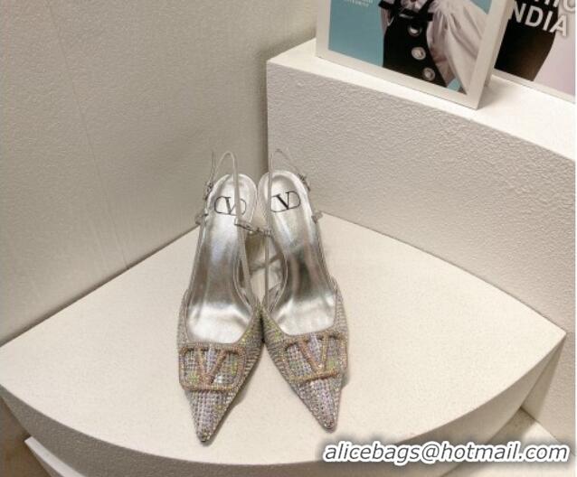 Grade Quality Valentino VLogo Slingback Pumps 7.5cm in Damier Crystals Silver/Multicolor 1121148