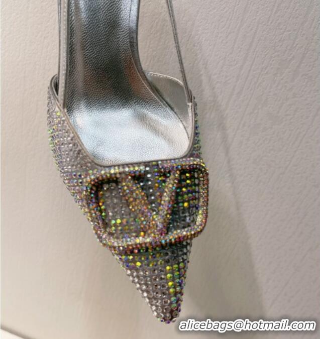 Grade Quality Valentino VLogo Slingback Pumps 7.5cm in Damier Crystals Silver/Multicolor 1121148