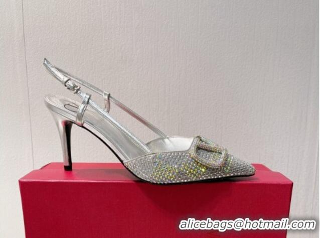 Grade Quality Valentino VLogo Slingback Pumps 7.5cm in Damier Crystals Silver/Multicolor 1121148