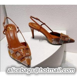 Grade Valentino VLogo Slingback Pumps 7.5cm in Damier Crystals Tan Brown 1121149