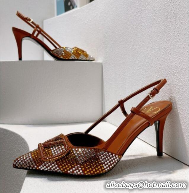 Grade Valentino VLogo Slingback Pumps 7.5cm in Damier Crystals Tan Brown 1121149