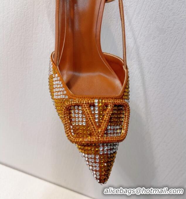 Grade Valentino VLogo Slingback Pumps 7.5cm in Damier Crystals Tan Brown 1121149