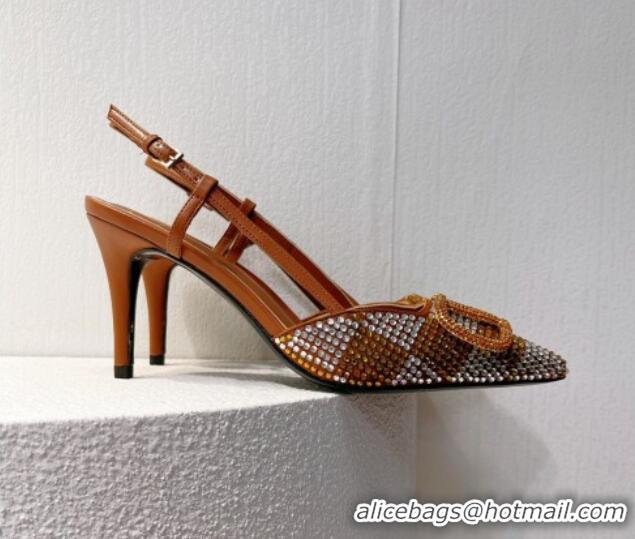 Grade Valentino VLogo Slingback Pumps 7.5cm in Damier Crystals Tan Brown 1121149