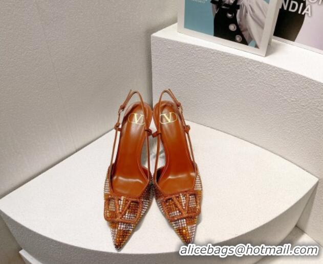 Grade Valentino VLogo Slingback Pumps 7.5cm in Damier Crystals Tan Brown 1121149