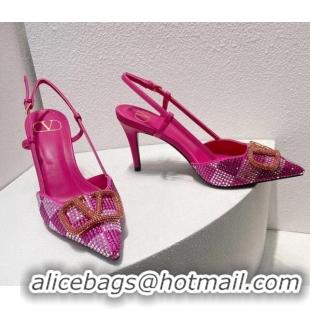 Stylish Valentino VLogo Slingback Pumps 7.5cm in Damier Crystals Dark Pink 1121150