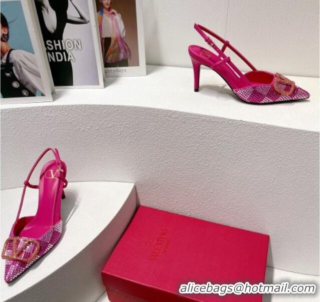 Stylish Valentino VLogo Slingback Pumps 7.5cm in Damier Crystals Dark Pink 1121150