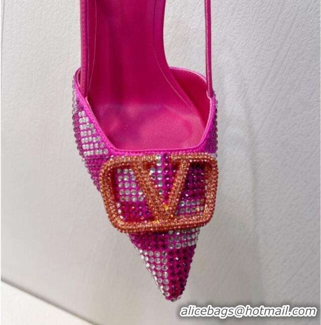 Stylish Valentino VLogo Slingback Pumps 7.5cm in Damier Crystals Dark Pink 1121150