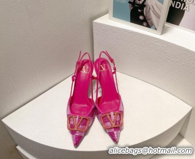 Stylish Valentino VLogo Slingback Pumps 7.5cm in Damier Crystals Dark Pink 1121150