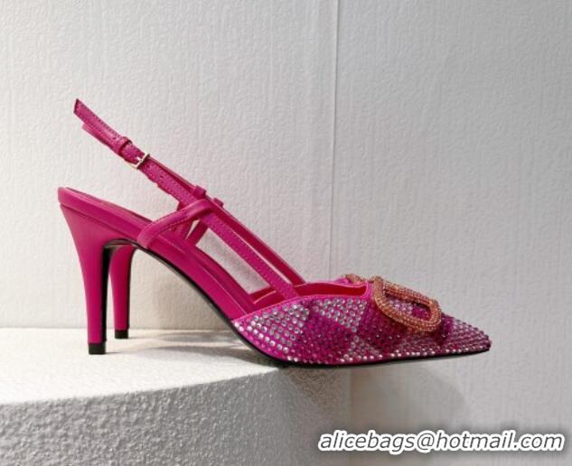 Stylish Valentino VLogo Slingback Pumps 7.5cm in Damier Crystals Dark Pink 1121150