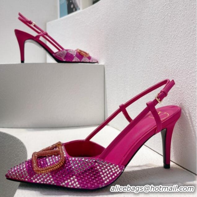 Stylish Valentino VLogo Slingback Pumps 7.5cm in Damier Crystals Dark Pink 1121150