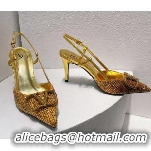 Sophisticated Valentino VLogo Slingback Pumps 7.5cm in Damier Crystals Yellow/Gold 1121151