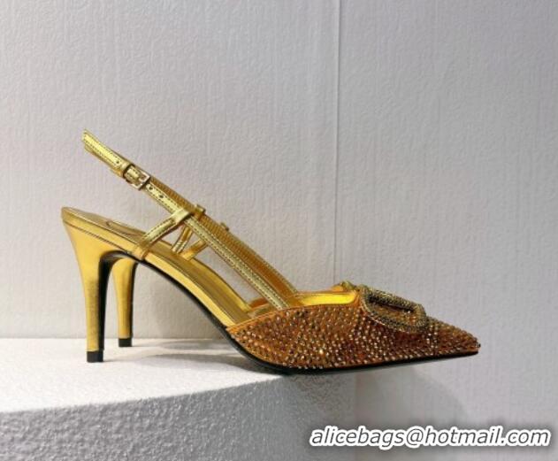 Sophisticated Valentino VLogo Slingback Pumps 7.5cm in Damier Crystals Yellow/Gold 1121151