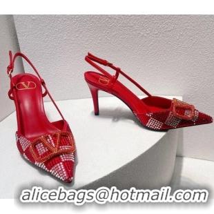 Best Price Valentino VLogo Slingback Pumps 7.5cm in Damier Crystals Bright Red 1121152