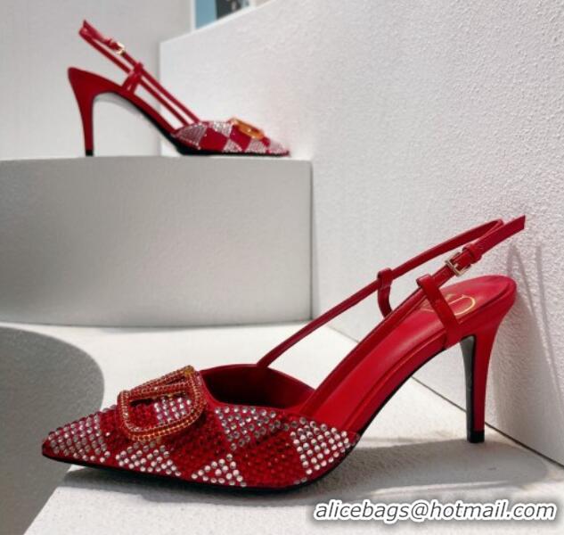 Best Price Valentino VLogo Slingback Pumps 7.5cm in Damier Crystals Bright Red 1121152