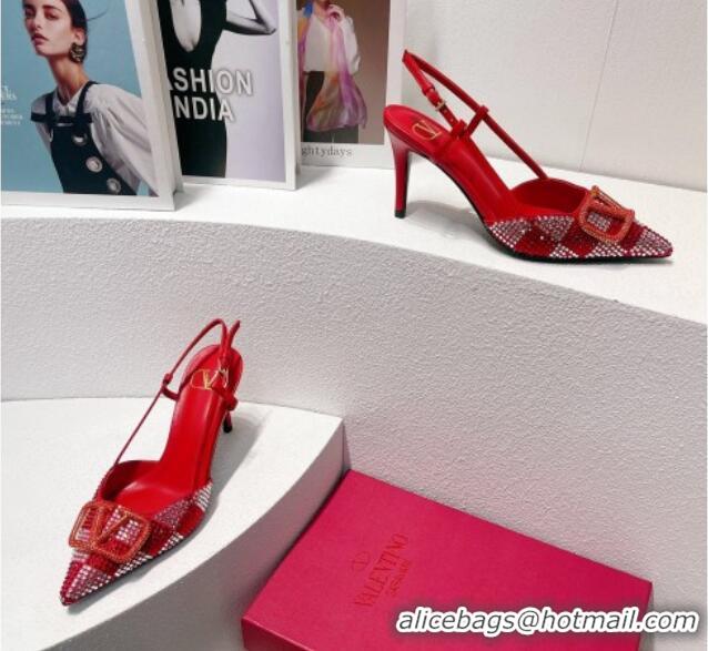 Best Price Valentino VLogo Slingback Pumps 7.5cm in Damier Crystals Bright Red 1121152