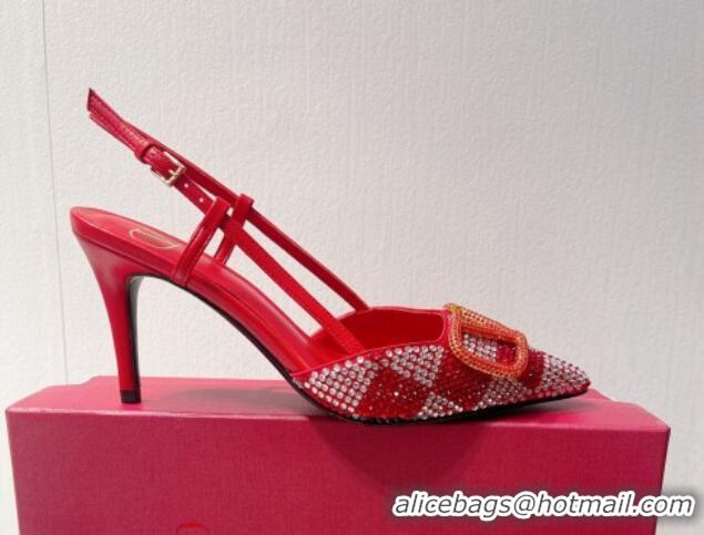 Best Price Valentino VLogo Slingback Pumps 7.5cm in Damier Crystals Bright Red 1121152