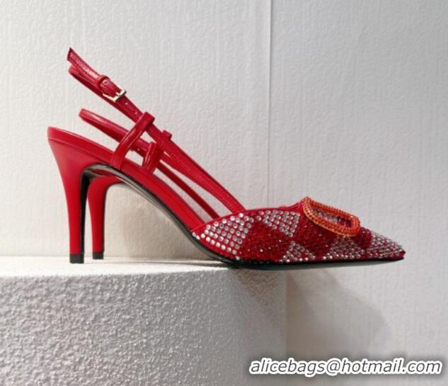 Best Price Valentino VLogo Slingback Pumps 7.5cm in Damier Crystals Bright Red 1121152