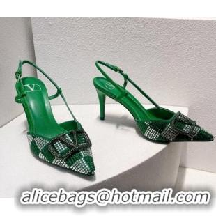 Duplicate Valentino VLogo Slingback Pumps 7.5cm in Damier Crystals Green 1121156