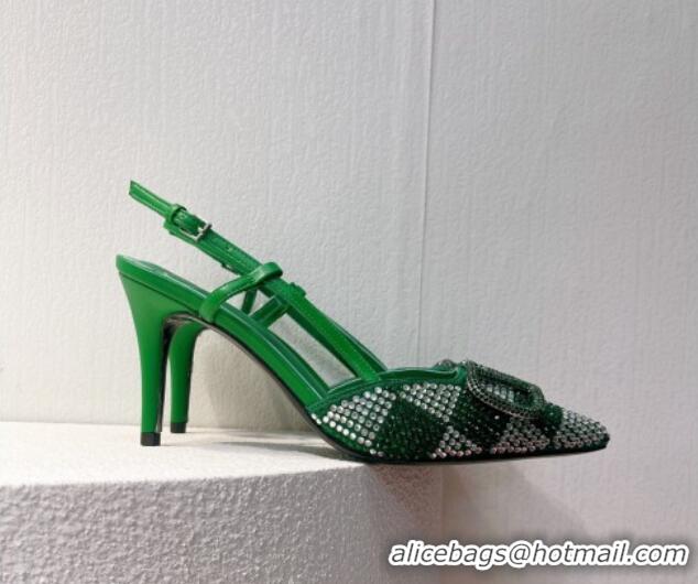 Duplicate Valentino VLogo Slingback Pumps 7.5cm in Damier Crystals Green 1121156