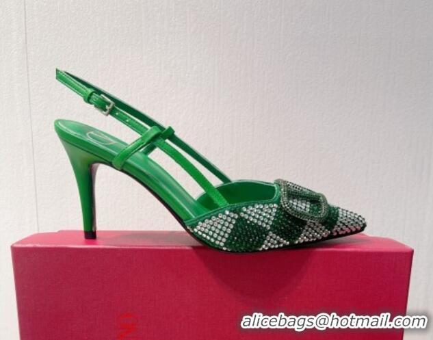 Duplicate Valentino VLogo Slingback Pumps 7.5cm in Damier Crystals Green 1121156