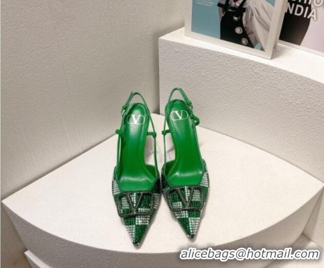 Duplicate Valentino VLogo Slingback Pumps 7.5cm in Damier Crystals Green 1121156