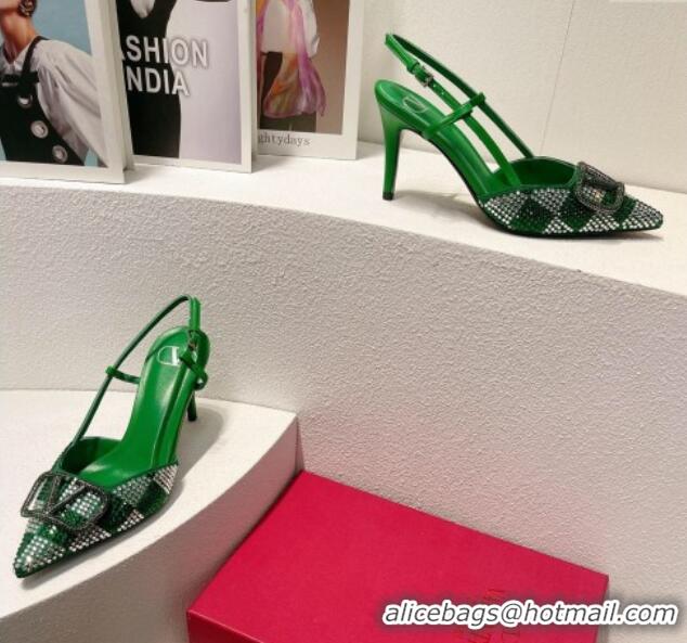 Duplicate Valentino VLogo Slingback Pumps 7.5cm in Damier Crystals Green 1121156