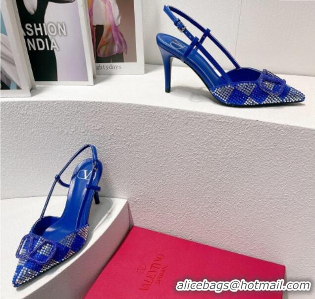 Luxurious Valentino VLogo Slingback Pumps 7.5cm in Damier Crystals Light Blue 1121157