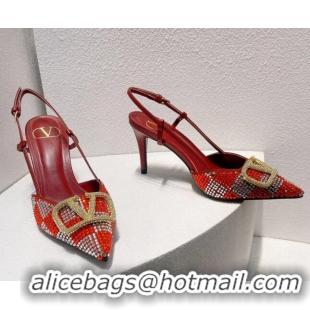 Top Design Valentino VLogo Slingback Pumps 7.5cm in Damier Crystals Red 1121158