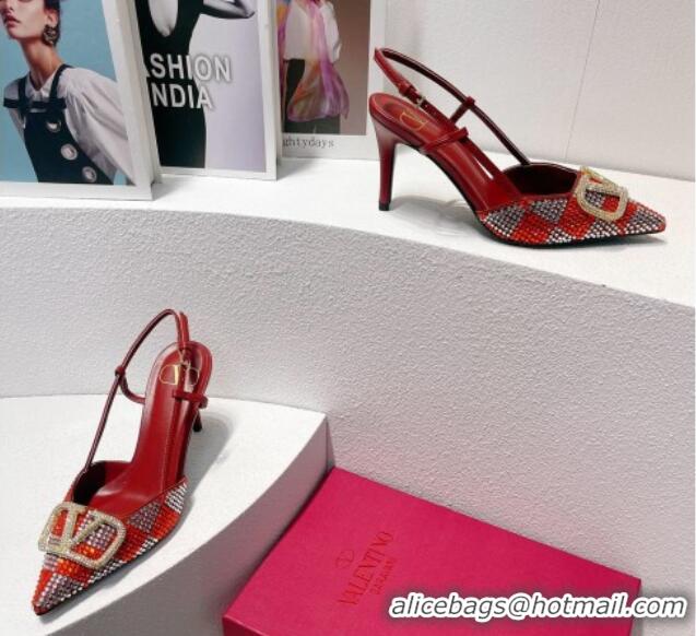 Top Design Valentino VLogo Slingback Pumps 7.5cm in Damier Crystals Red 1121158