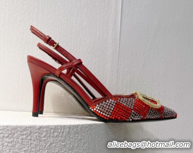 Top Design Valentino VLogo Slingback Pumps 7.5cm in Damier Crystals Red 1121158