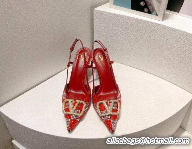 Top Design Valentino VLogo Slingback Pumps 7.5cm in Damier Crystals Red 1121158