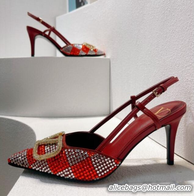 Top Design Valentino VLogo Slingback Pumps 7.5cm in Damier Crystals Red 1121158