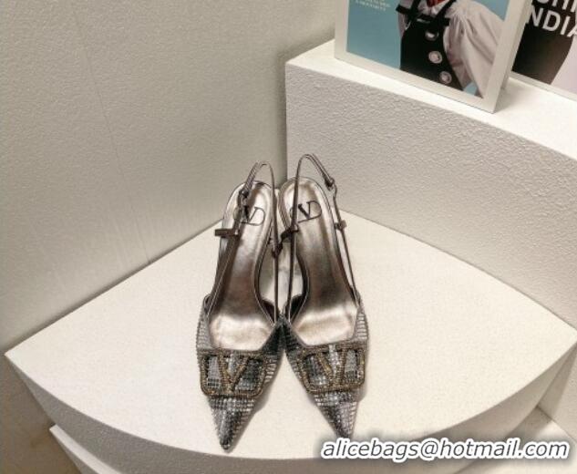 Good Looking Valentino VLogo Slingback Pumps 7.5cm in Damier Crystals Grey 1121159