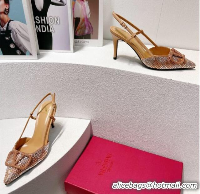 Popular Style Valentino VLogo Slingback Pumps 7.5cm in Damier Crystals Apricot 1121161