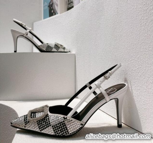 Sumptuous Valentino VLogo Slingback Pumps 7.5cm in Damier Crystals White/Black 1121162