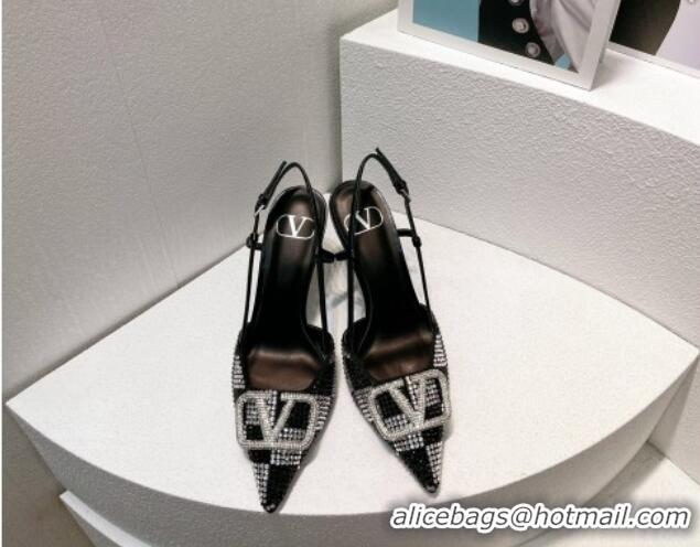 Good Product Valentino VLogo Slingback Pumps 7.5cm in Damier Crystals Black/Silver 121163