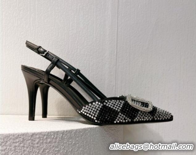 Good Product Valentino VLogo Slingback Pumps 7.5cm in Damier Crystals Black/Silver 121163