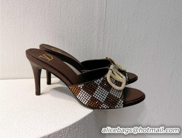 Stylish Valentino VLogo Slingback Pumps 7.5cm in Damier Crystals Dark Brown 121167