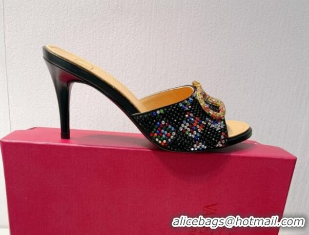 Sophisticated Valentino VLogo Heel Slide Sandals 7.5cm in Damier Crystals Black/Multicolor 1121164