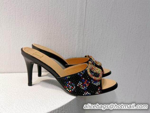 Sophisticated Valentino VLogo Heel Slide Sandals 7.5cm in Damier Crystals Black/Multicolor 1121164