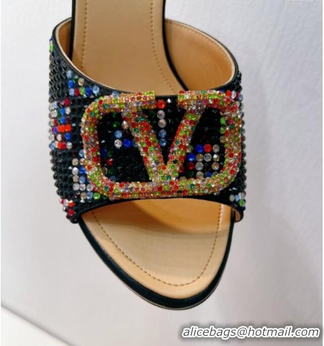 Sophisticated Valentino VLogo Heel Slide Sandals 7.5cm in Damier Crystals Black/Multicolor 1121164