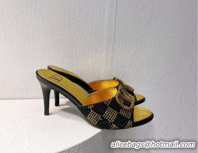 Stylish Valentino VLogo Heel Slide Sandals 7.5cm in Damier Crystals Black/Gold 1121168