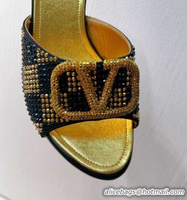 Stylish Valentino VLogo Heel Slide Sandals 7.5cm in Damier Crystals Black/Gold 1121168