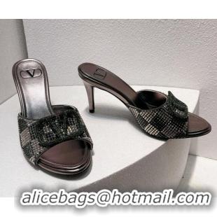 1:1 aaaaa Valentino VLogo Heel Slide Sandals 7.5cm in Damier Crystals Dark Grey 1121169