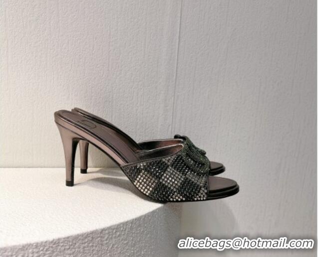 1:1 aaaaa Valentino VLogo Heel Slide Sandals 7.5cm in Damier Crystals Dark Grey 1121169