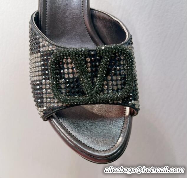 1:1 aaaaa Valentino VLogo Heel Slide Sandals 7.5cm in Damier Crystals Dark Grey 1121169